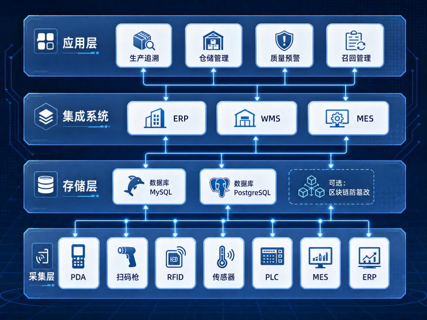 修改原系统架构图，将集成系统与应用层的位置互换，保持其他内容不变：自下而上层级为采集层、存储层、集成系统、应用层，保留所有模块内容和连接关系，使用相同的现代科技风设计。预览效果