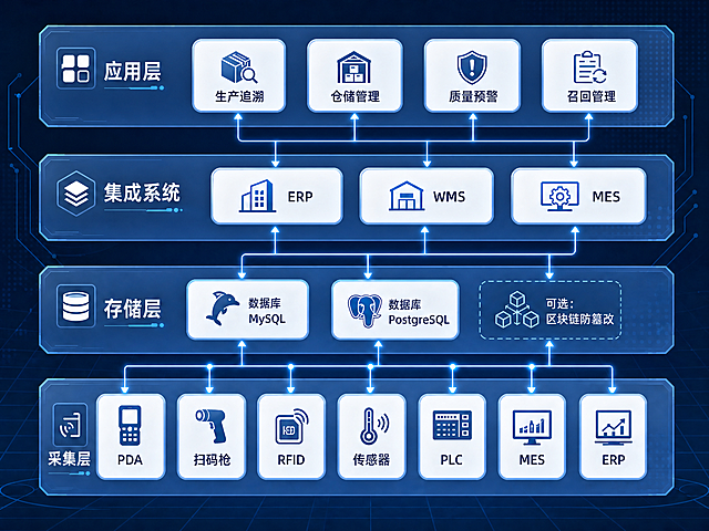 修改原系统架构图，将集成系统与应用层的位置互换，保持其他内容不变：自下而上层级为采集层、存储层、集成系统、应用层，保留所有模块内容和连接关系，使用相同的现代科技风设计。