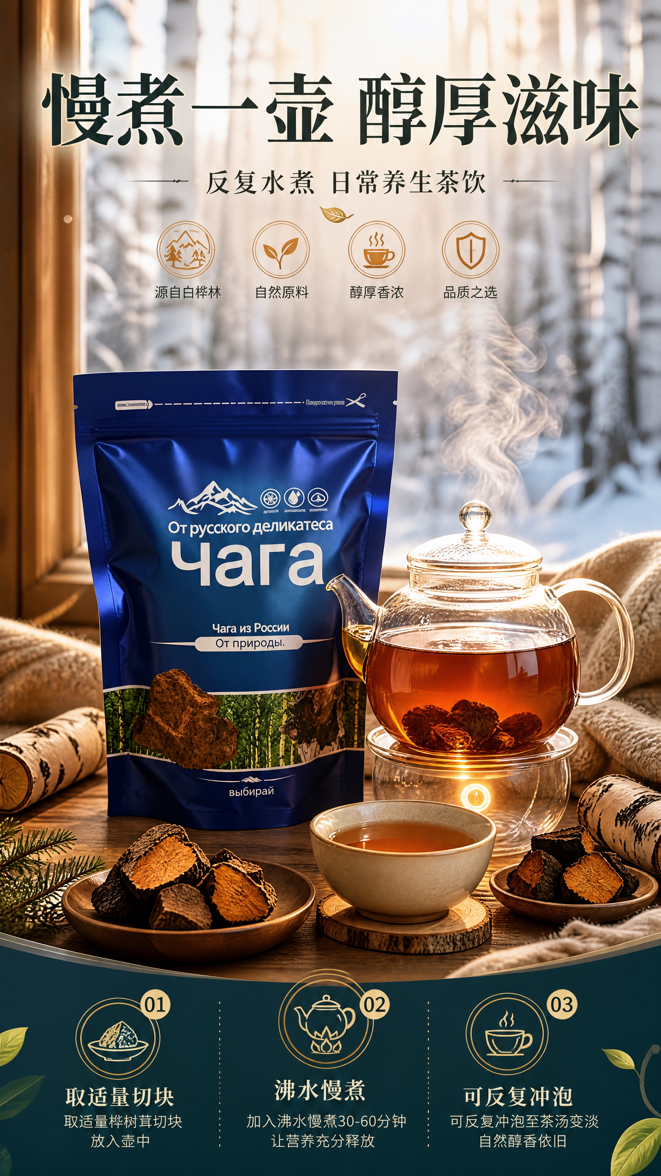 [商品] 使用【图4】桦树茸产品+玻璃壶煮茶场景图；保留蓝色包… - 图片创意预览