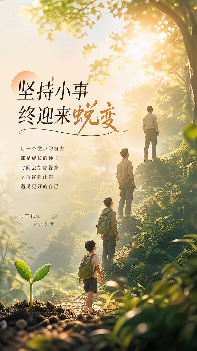 治愈励志主题画面，一个人从渺小萌芽逐步蜕变成长，包含文字"坚持小事终迎来蜕变"，森林阳光背景，温暖氛围感，渐变色彩，高级质感，鼓励人心的视觉表达