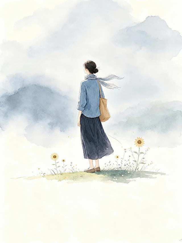 移除图片下方的两行中文文字，自然修复文字所在区域的背景，使其与周围的浅米白色水彩背景完美融合，保持原图的水彩插画风格不变，画面中人物、草地、向日葵、远山云雾等所有其他元素完全保留不变，输出与原图尺寸一致的干净无文字图片