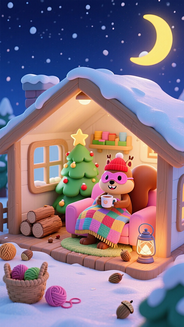 梦幻温馨的冬夜，3D风格小屋中，拟人松鼠裹着毛毯品茶，卡通粘土质感，满载圣诞温暖。
