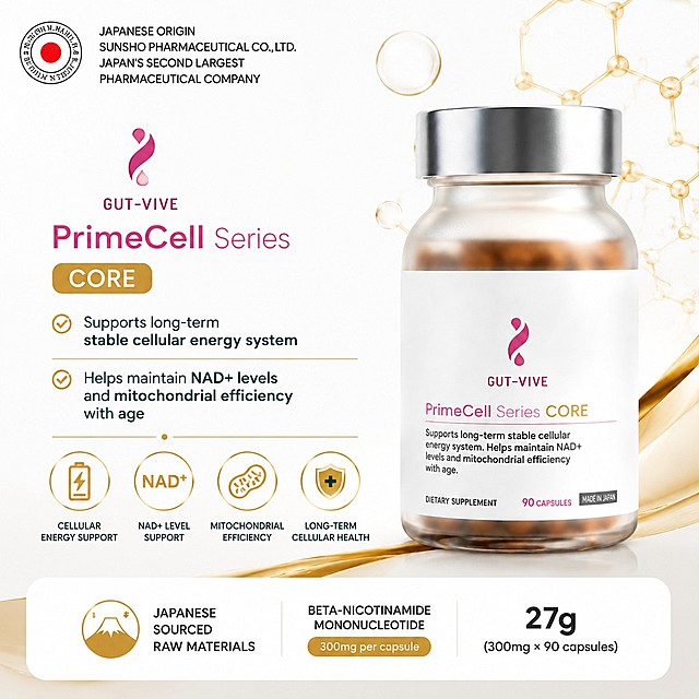 Amazon 1:1 square main image, follow the layout of reference image [image3], product is PrimeCell Series CORE. All English copywriting: include the brand GUT-VIVE, PrimeCell Series CORE, core benefits: supports long-term stable cellular energy system, helps maintain NAD+ levels and mitochondrial efficiency with age, produced by Sunsho Pharmaceutical - Japan's second largest pharmaceutical company, made in Japan, display product specifications at the bottom. Keep the clean professional layout consistent with reference image [image3], product bottle on the right, information on the left and bottom, luxury golden and white tones.