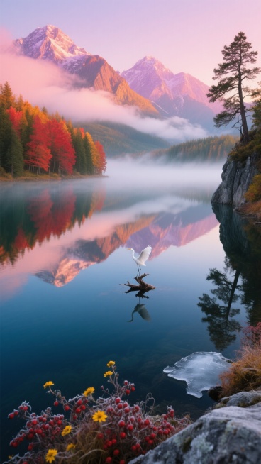全景俯拍，晨曦中的高山湖泊被薄雾轻笼，湖面如墨玉般沉静，倒映着两岸渐变的枫树林——近岸是燃烧的绯红，向远处渐变为琥珀金与翡翠绿。左侧断崖处，几株形态遒劲的古松斜向水面，松针上凝结的露珠在朝阳下闪烁如碎钻。湖中央的枯木孤岛上，一只白鹭正展开羽翼，倒影与实体在水中完美对称。远处的雪山群峰在玫瑰色霞光中显露峥嵘，山巅积雪泛着粉紫色光晕，山腰处云海翻涌，将部分山体隐入仙境。岸边散落着被秋霜染红的浆果丛……预览效果