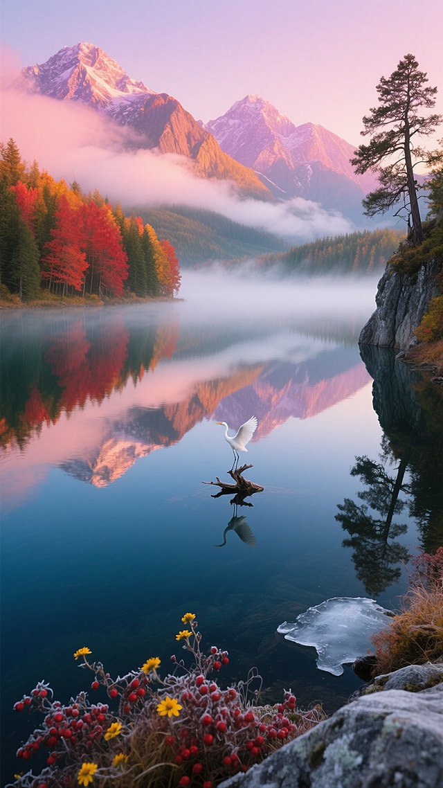 全景俯拍，晨曦中的高山湖泊被薄雾轻笼，湖面如墨玉般沉静，倒映着两岸渐变的枫树林——近岸是燃烧的绯红，向远处渐变为琥珀金与翡翠绿。左侧断崖处，几株形态遒劲的古松斜向水面，松针上凝结的露珠在朝阳下闪烁如碎钻。湖中央的枯木孤岛上，一只白鹭正展开羽翼，倒影与实体在水中完美对称。远处的雪山群峰在玫瑰色霞光中显露峥嵘，山巅积雪泛着粉紫色光晕，山腰处云海翻涌，将部分山体隐入仙境。岸边散落着被秋霜染红的浆果丛，几簇黄色野菊在微风中摇曳，画面左下角的岩石上还留有昨夜未消融的薄冰，色调以靛蓝与赭石为基底，点缀着朱砂红与柠檬黄的光斑，营造出静谧中蕴藏生机的晨雾秋湖意境。