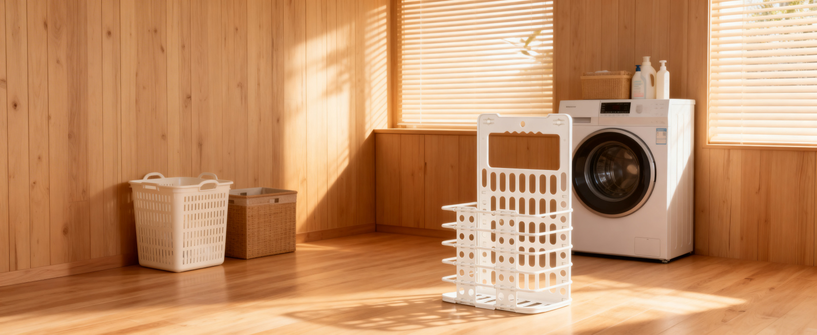 白色可折叠塑料脏衣篮，镂空设计，保持物理结构绝对不变，严禁扭曲拉伸变形。
放置在简约原木洗衣房地面，极简原木家居风格，浅原木木纹墙面与地板，自然温馨暖调，搭配洗衣机和洗衣用品组合场景。
明亮柔和漫射窗预览效果
