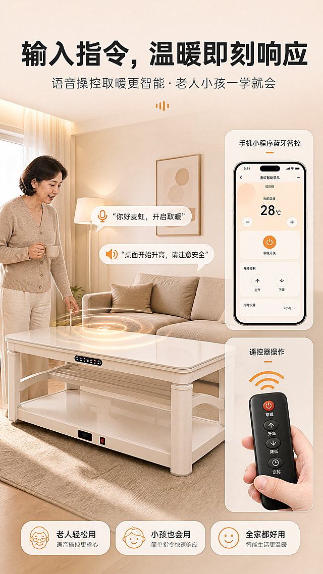 [商品] 使用【图1】麦虹智能升降取暖茶几；保留产品整体外观和颜色；产品放置在温馨客厅场景中，一位中年女性站在桌旁，对着桌子说话，表现语音交互场景。
[画面] 页面目标：展示语音操控的便捷性，突出老人小孩都能用。构图：顶部标题区，中部左侧为语音交互场景（人物+产品，语音波纹动效），右侧上下排列手机小程序界面和遥控器操作图示。背景为温馨家居客厅。阅读动线：标题→语音场景→小程序/遥控器。
[视觉] 套系策略：风格=现代简约家居商业摄影，温馨科技感；标题字=粗黑无衬线大字；正文字=简洁无衬线体；主色=暖白+米杏；背景延展=基于暖白米杏做深浅层级、同色渐变和细腻哑光质感；强调色=暖橙色，仅用于小面积图标、引线、标签高亮；标题色=深炭灰；正文色=中暖灰；组件=圆角浅底信息卡、细线引线、胶囊形卖点标签；光影=左前侧暖柔光，产品底部柔和投影。
[文字] 顶部主标题"输入指令，温暖即刻响应"，副标题"语音操控取暖更智能·老人小孩一学就会"；语音气泡内示例文字："你好麦虹，开启取暖""桌面开始升高，请注意安全"；右侧标注"手机小程序蓝牙智控""遥控器操作"；文字均为横排。
[规格] 图片比例9:16竖版，4K，负向提示：避免变形、错字、文字过小、冷蓝背景、产品颜色改变、结构失真、极限词、水印、二维码、欧美面孔。