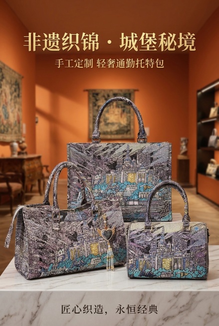 电商详情首屏海报，严格还原上传的城堡提花手提包产品图，包括包装设计、颜色、LOGO位置、文字内容、图案元素等所有细节，产品尺寸比例保持1:1。主视觉展示大中小三款城堡提花手提包错落陈列，背景为复古暖橙预览效果