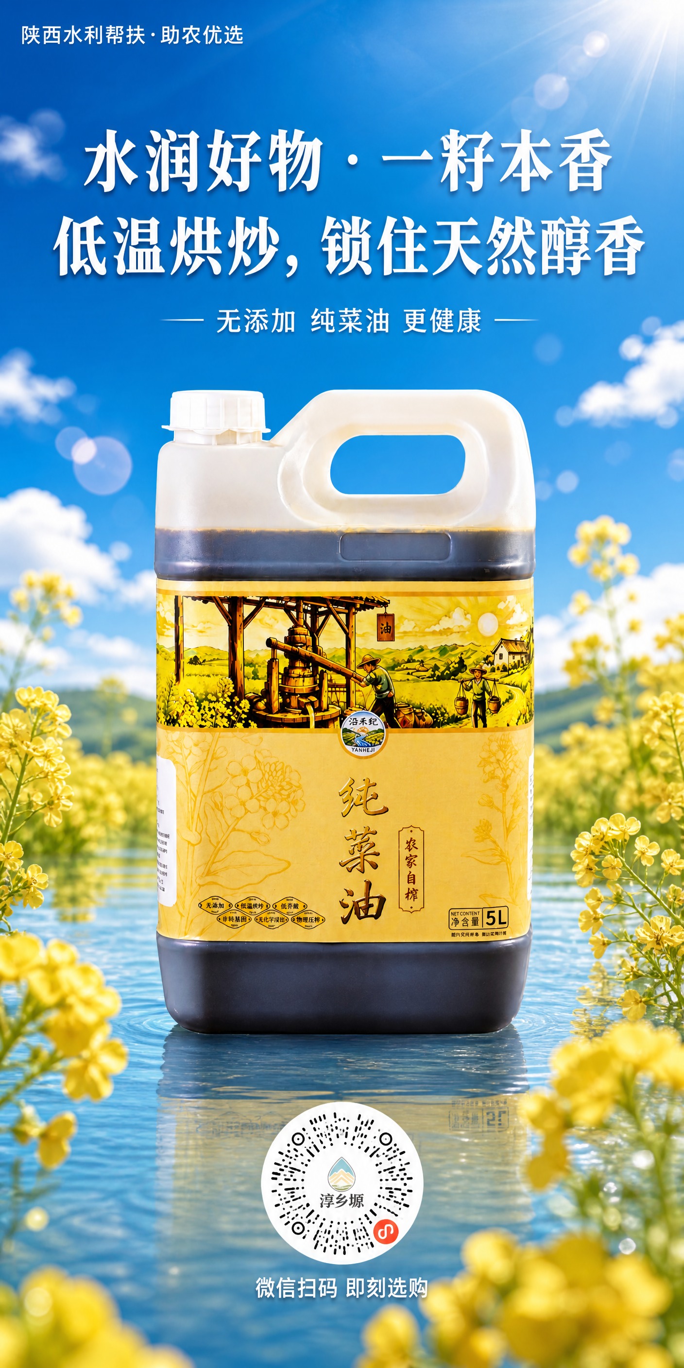 沿禾纪农家自榨纯菜油产品海报，竖向2:1比例，水利蓝渐变天空背… - 图片创意预览