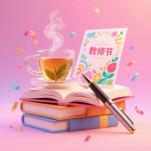 堆叠的书本、钢笔、茶、教师节贺卡。空中有散落的小彩带，粉色渐变背景。