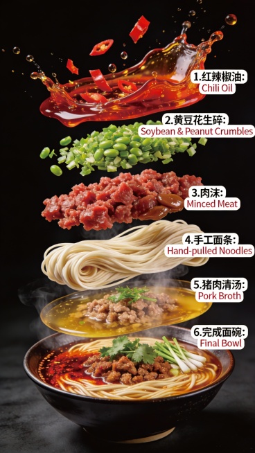 一份重庆小面的分解图，以垂直展开视图呈现。采用超详细的商业食品摄影风格。 顶部显示漂浮的红辣椒油在空中飞溅，油滴和辣椒片在运动中被定格，鲜红色，光泽质感，戏剧性的灯光效果。 下面，黄豆花生碎悬浮着，鲜预览效果