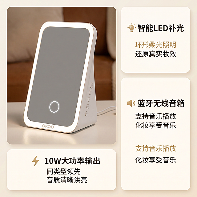 [主图 2] 镜面补光灯音响核心卖点阵列展示，温馨舒适家居治愈风。[氛围风格] 简约干净，高级质感，温馨氛围。[画质] 商业摄影质感，光线柔和通透，产品清晰真实，画面干净高级。[元素] 保持镜面补光灯音响产品外观、物理结构、材质质感、颜色与输入产品图绝对一致，杜绝任何变形和色差，精细化处理。采用Bento栅格风格布局，主产品占据左侧上方大区域，右侧和下方分为三个卡片区域分别展示三大卖点：右上角卡片展示补光功能，右下角展示蓝牙音箱功能，底部展示功率参数。背景为浅奶白色，干净简约。商品整体布局舒展透气，主体突出。[光影] 整体光线均匀柔和，产品和卡片都有自然阴影，层次分明，明亮温馨。[配色] 浅奶白背景，文字为深灰色，点缀浅暖金色，整体配色温馨舒适。[视角构图] 产品为平视角度，栅格分区构图，画面饱满协调。[文字版式] 大区域产品左上放置，每个卖点卡片内顶部图标，中部卖点名称，底部说明文字：卡片1「💡 智能LED补光
环形柔光照明
还原真实妆效」，卡片2「🔊 蓝牙无线音箱
支持音乐播放
化妆享受音乐」，卡片3「⚡ 10W大功率输出
同类型领先
音质清晰洪亮」。文字左对齐，层级分明，主标题加粗，说明文字小一号，干净易读，不遮挡主体。[比例分辨率] 1:1比例，2k分辨率，文字清晰锐利，画面超高清。[负向提示词] 变形，水印，文字错乱，产品图模糊，背景杂乱，配色刺眼。