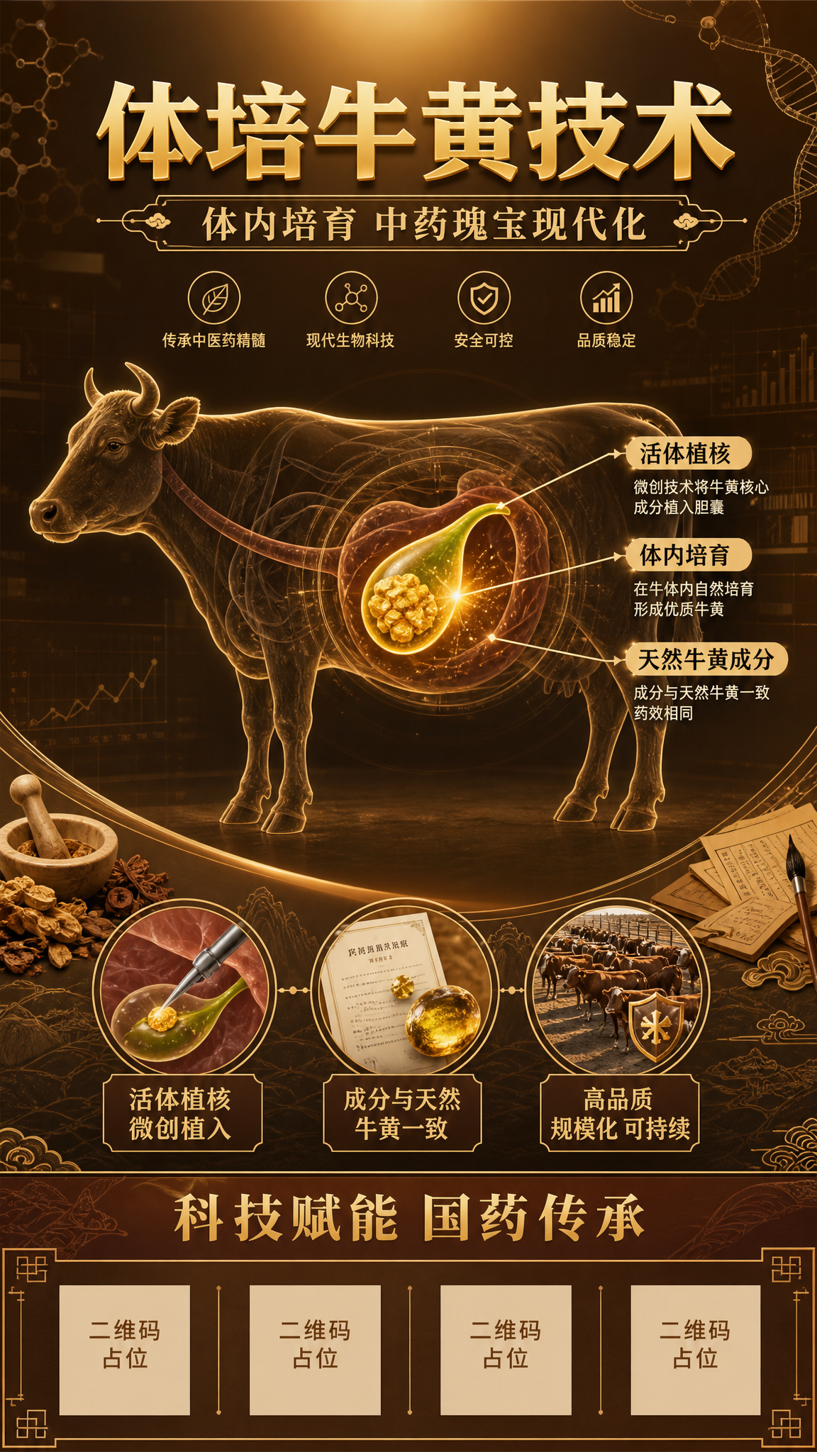 竖版智慧养殖墙绘海报，主题：牛黄培植。画面采用医学科技风格，中… - 图片创意预览