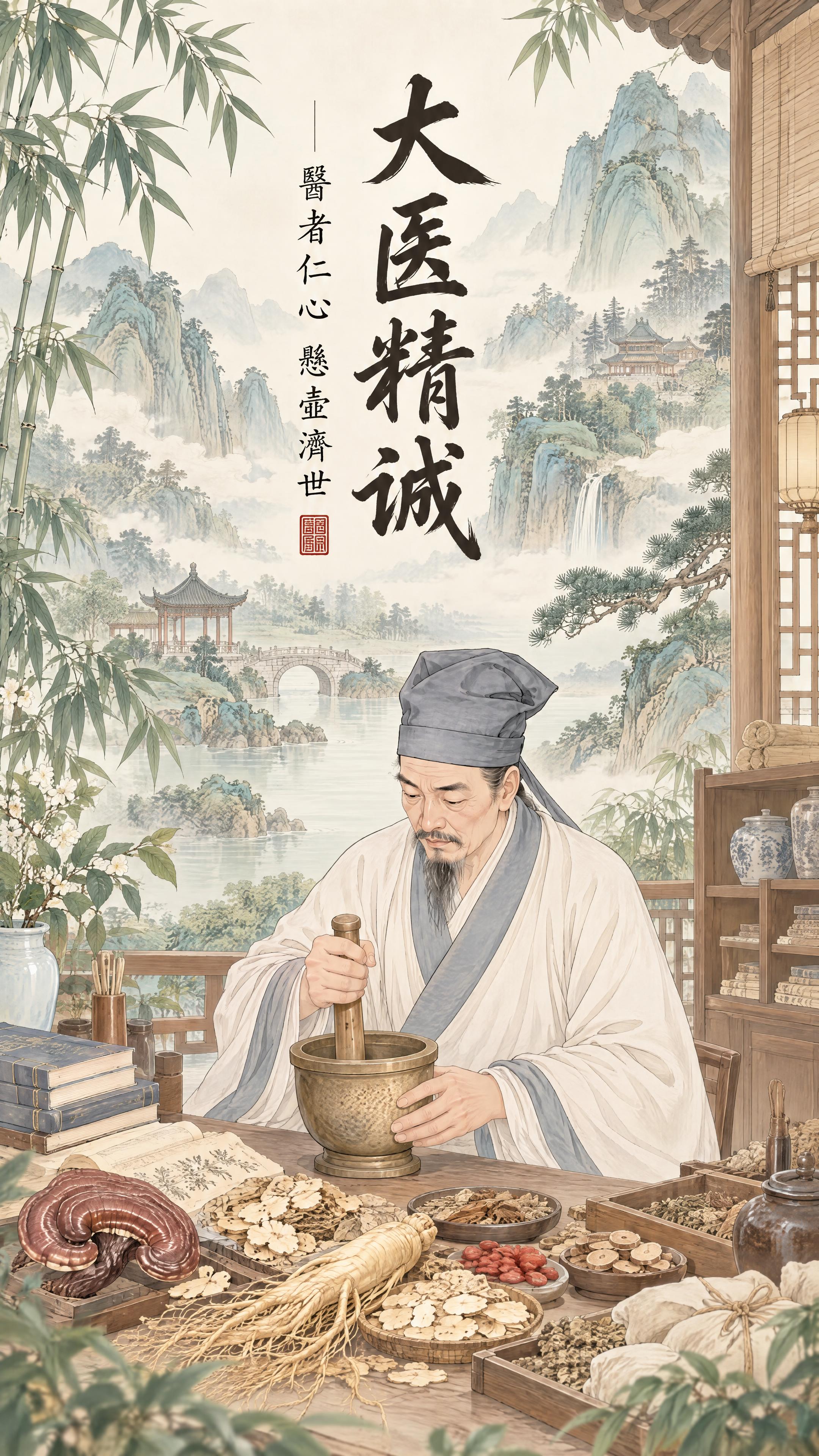 将这张中医养生竖版海报重新设计：文字改成竖排，用「大医精诚」相… - 图片创意预览