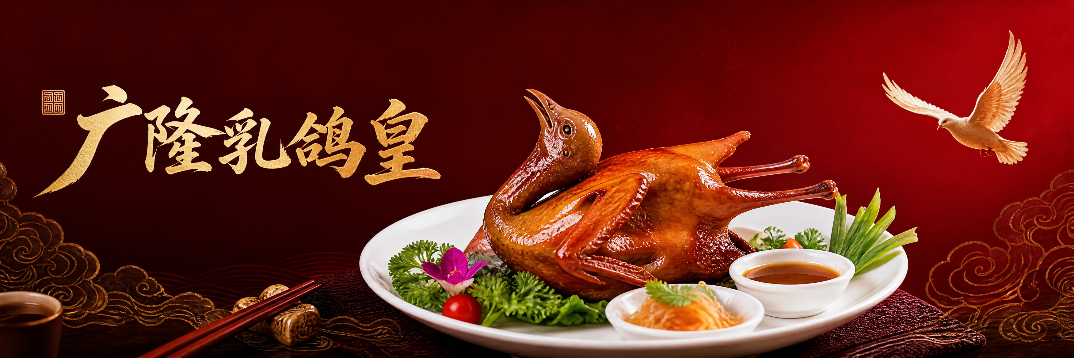 广隆乳鸽皇餐厅横幅海报设计，超宽横版构图，画面中央是一盘精心摆… - 图片创意预览
