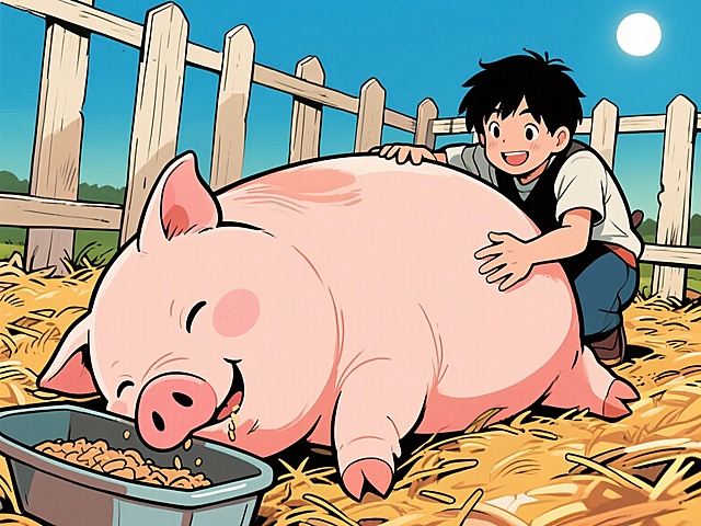 圆滚滚的小猪吭哧吭哧拱着食槽，吃饱喝足后瘫在猪圈里，被主人摸着圆肚皮夸养得真肥。