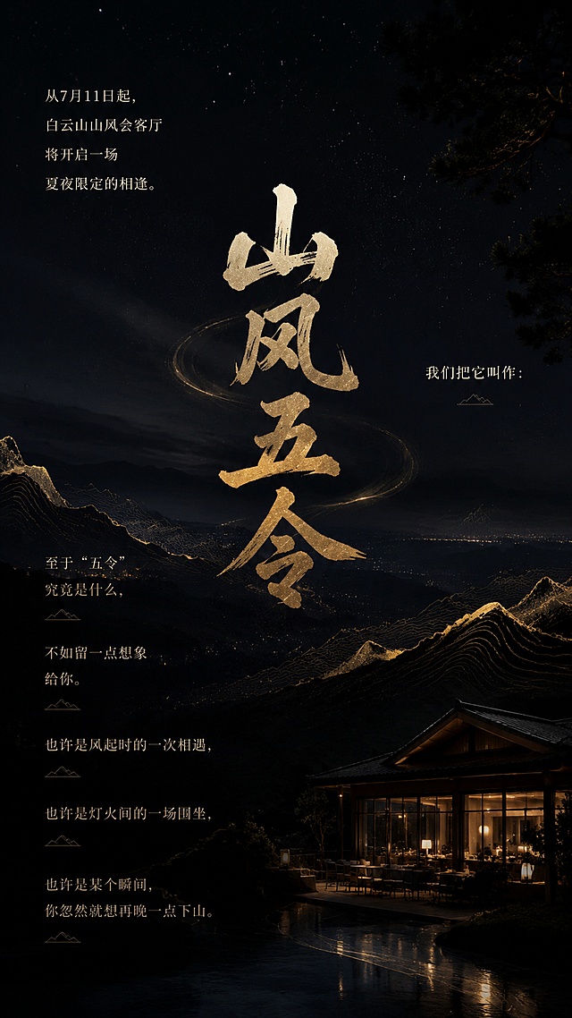 第3屏山风五令概念页，背景为深色山风、星空、金色山形线稿、会客厅灯火局部。文字内容：从7月11日起，白云山山风会客厅将开启一场夏夜限定的相逢。我们把它叫作：居中大字体 "山风五令"，至于“五令”究竟是什么，不如留一点想象给你。也许是风起时的一次相遇，也许是灯火间的一场围坐，也许是某个瞬间，你忽然就想再晚一点下山。"山风五令"四个字居中放大，前后文案分散排版，营造神秘感。整体风格黑金夜景高级文旅，竖屏适配手机。