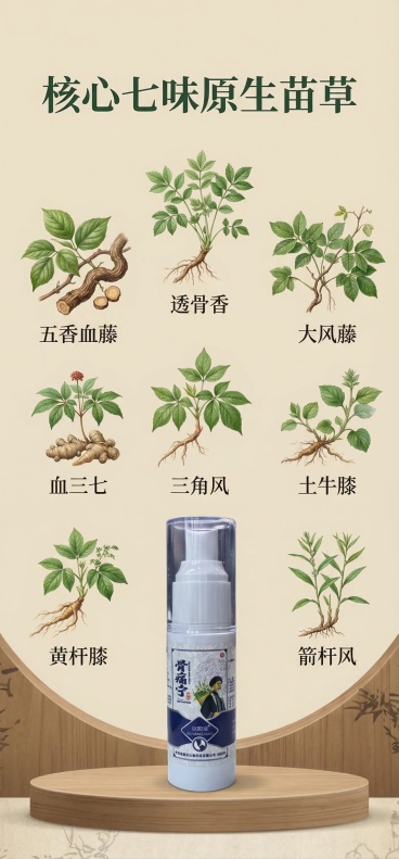 [垫图] 骨痛宁喷剂核心草本成分展示图，传统养生风，真实自然氛围感，画面元素：骨痛宁喷雾瓶放在画面底部，上方展示七种核心原材料：五香血藤 透骨香 大风藤 血三七 三角风 土牛膝 箭杆风，每种草本带新鲜预览效果