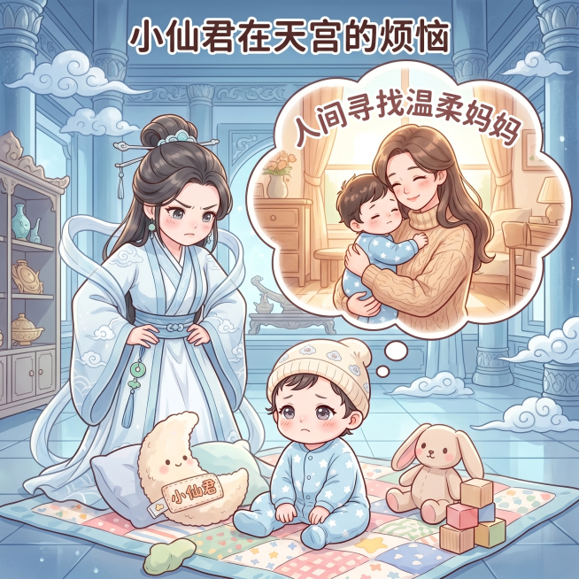 图片展示内容：小仙君在天宫的时候，负责照顾他的仙女妈妈有点儿厉害。小仙君想去人间找个温柔的妈妈。预览效果