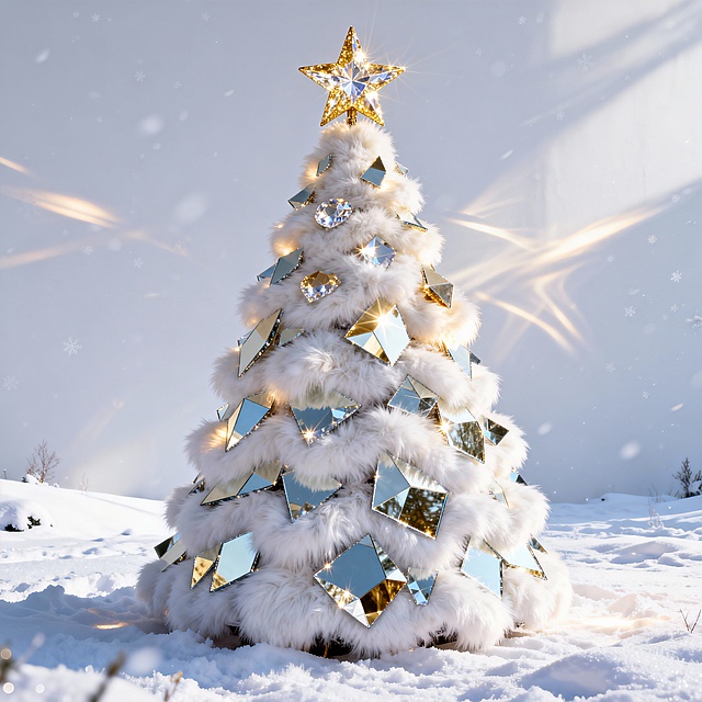 梦幻感与奢华感交织的3D风圣诞树，鎏金几何镜面点缀于绒白树身，光影折射间尽显唯美感与温馨氛围，虚拟自然雪景中熠熠生辉。