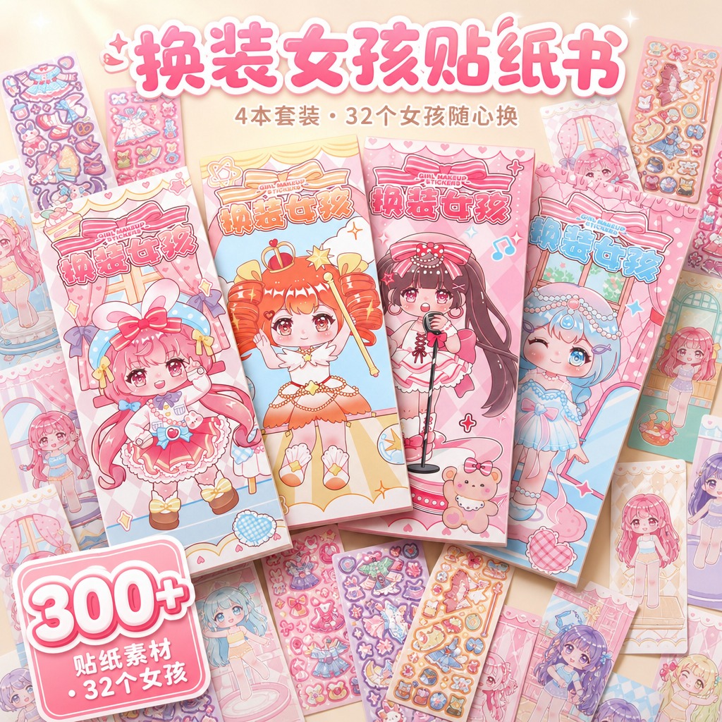 1:1正方形电商主图。4本完全不同主题的长条竖版封套贴纸书斜向… - 图片创意预览