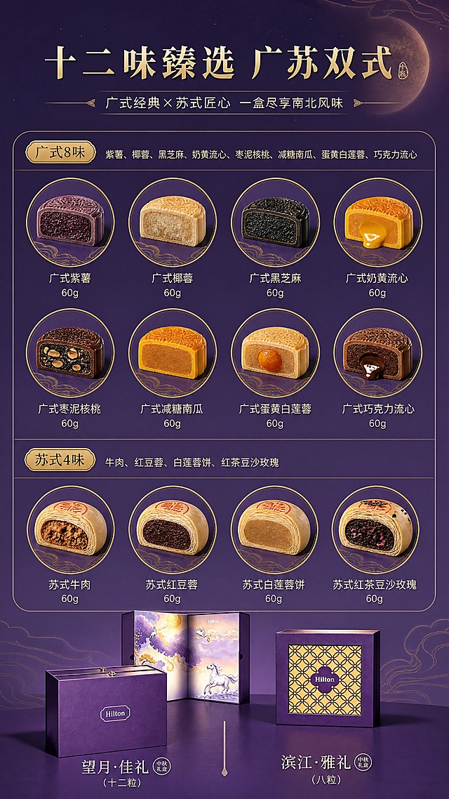 [商品] 使用【图1】望月·佳礼礼盒与【图2】滨江·雅礼礼盒作为口味矩阵的包装参考；保留礼盒紫色外观与Hilton Logo；本页以口味展示为主，礼盒缩小置于画面两侧作品类标识；商品处理：礼盒清晰完整，不改变颜色和结构。
[画面] 目标：12种口味矩阵总览，让消费者一眼看清全部口味选择。构图：上下结构，顶部标题区占20%，中部口味矩阵网格占60%，底部双礼盒对比占20%。景别：全景信息页。前中后景：前景金色网格分隔线，中景12个圆形口味图标分两行排列（上行广式8款，下行苏式4款），每个图标内是对应口味月饼的精美切面图，背景深紫色渐变+淡金色云纹底纹。阅读动线：从上到下，从左到右。
[视觉] 套系策略：风格=高端国风酒店级商业摄影；标题字=国风宋体衬线粗体；正文字=简洁现代无衬线体；主色=深紫+香槟金；背景延展=基于深紫色做深浅渐变、淡金云纹底纹和细腻质感；强调色=暖金色，仅用于小面积图标边框、引线和分隔线；标题色=香槟金；正文色=浅米白；组件=圆形金线口味卡、细金线网格分隔、分类标签胶囊；光影=均匀平光，信息清晰可读。
[文字] 顶部主标题「十二味臻选 广苏双式」（8字），副标题「广式经典×苏式匠心 一盒尽享南北风味」（16字）；广式分类标签（左上方金色胶囊）：广式8味——紫薯、椰蓉、黑芝麻、奶黄流心、枣泥核桃、减糖南瓜、蛋黄白莲蓉、巧克力流心；苏式分类标签（左下方金色胶囊）：苏式4味——牛肉、红豆蓉、白莲蓉饼、红茶豆沙玫瑰；每个圆形口味卡下方标注口味名称+「60g」；底部左右分别标注两款礼盒名称及粒数；所有文字横排，字号保证手机端清晰可读。
[规格] 图片比例9:16竖版，4K分辨率，medium质量；避免变形、错字、文字过小、口味图标模糊、冷蓝背景、极限词。