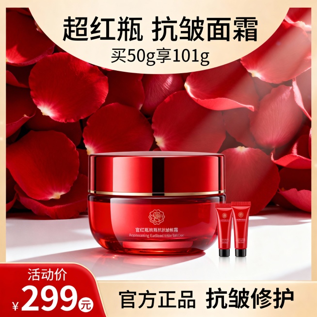 生成三张不同场景的面霜电商主图，价格“299元”，比例1:1，超红瓶 抗皱面霜 买50g享101g预览效果