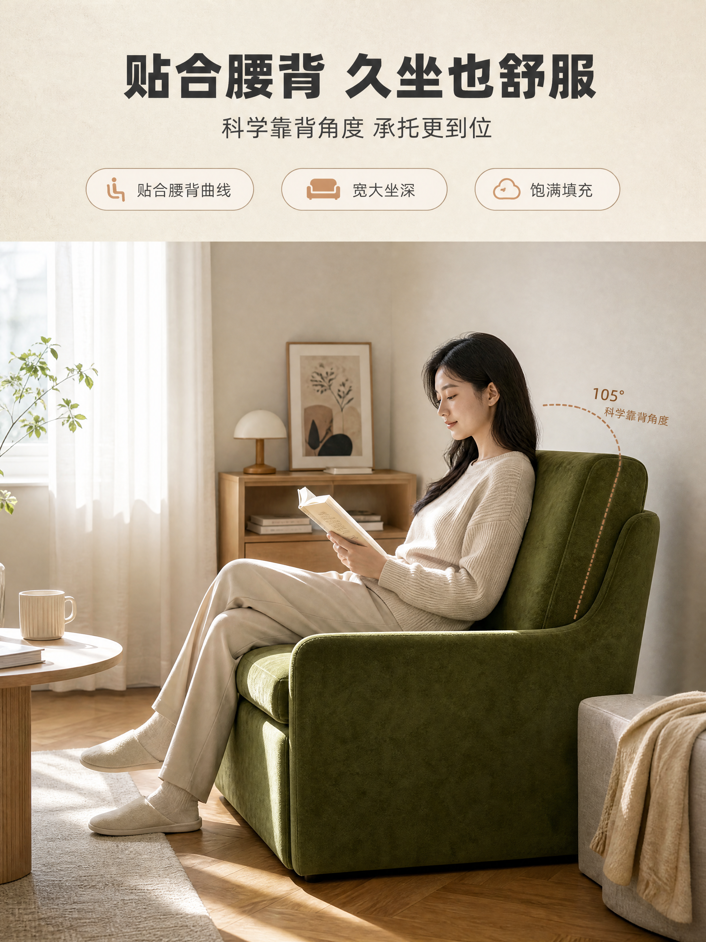 [商品] 使用【图9】客厅场景中的橄榄绿折叠沙发椅（沙发形态）… - 图片创意预览