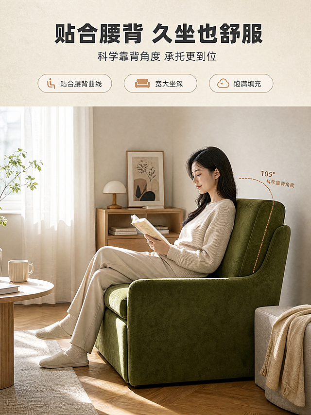 [商品] 使用【图9】客厅场景中的橄榄绿折叠沙发椅（沙发形态）；保留橄榄绿绒面、方正造型、圆润扶手、一体式靠背；商品处理：增强面料绒感质感，自然理顺面料，保持颜色与结构准确。
[画面] 目标：展示坐感舒适度与居家使用场景。上文下景版式，顶部约1/4为文案区，下方约3/4为客厅生活场景；一位亚洲年轻女性侧身坐在沙发上，手持书本自然阅读，姿态放松，展示靠背角度与坐深；场景为北欧风客厅，木地板、白纱窗帘、午后阳光斜照，产品占画面约50%。
[视觉] 套系策略：风格=现代北欧温馨居家商业摄影；标题字=现代无衬线粗体；正文字=简洁无衬线体；主色=橄榄绿+米杏；背景延展=基于米杏与暖灰做深浅层级、同色渐变和细腻纸感/织物质感；强调色=暖焦糖色，仅用于小面积图标、引线和标签；标题色=深炭灰；正文色=中暖灰；组件=圆角浅底信息卡、细线引线、胶囊卖点框；光影=左侧暖自然光，柔和漫射，人物与沙发有自然阴影。
[文字] 顶部文案区：主标题「贴合腰背 久坐也舒服」，副标题「科学靠背角度 承托更到位」；下方3条胶囊卖点：「贴合腰背曲线」「宽大坐深」「饱满填充」。沙发靠背处用弧线标注靠背角度示意。文字不遮挡人物与沙发主体。
[规格] 图片比例3:4竖版，4K分辨率，避免变形、错字、文字过小、冷蓝背景、颜色改变、人物面部不自然、极限词。