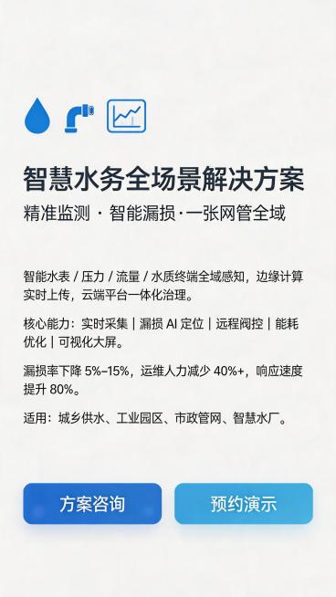 科技蓝风格H5内容页，背景纯白 #FFFFFF，主色科技蓝 #0052FF，辅助色青蓝 #00BFFF，文字色深灰 #333333。左上角放置水滴、水管和数据图表图标，主标题"智慧水务全场景解决方案"预览效果