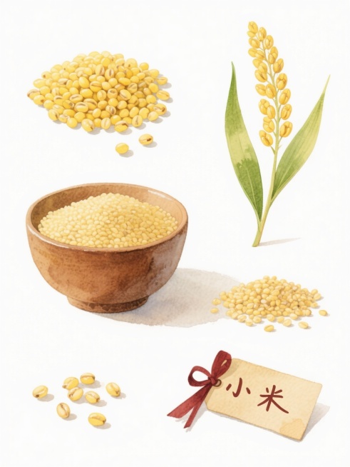 一幅水彩风格的小米系列素材集合，画面以纯净的白色为背景，整体色调温暖明快，以明亮的黄色系为主，搭配自然的绿色和质朴的棕色。画面中包含六个完全不同的小米元素内容，它们被规整地排布：左上角是一小堆圆润饱满的黄色小米颗粒，几颗散落在旁边；右上角是一株带有两片细长绿叶的小米穗，穗上结满了金黄的小米果实；左下角是一个棕色的粗陶碗，碗里盛满了蓬松的小米；中间偏下位置是一小撮摊开的小米；左下角偏右处是几颗散……预览效果
