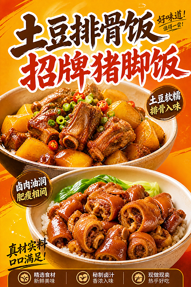 修改原海报：将文字“招牌卤肉饭”改为“招牌猪脚饭”，将下方卤肉饭的食物图片换成招牌猪脚饭的图片，保持海报整体尺寸、其他文字内容、整体版式和风格都不变