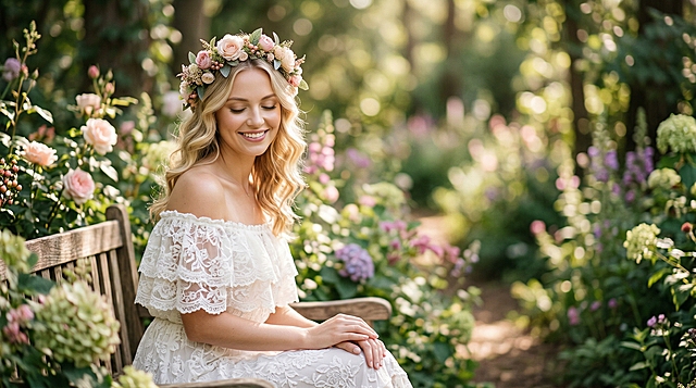年轻欧美浅肤色女性，金色波浪卷发，佩戴粉色精致仿真花花环，穿白色蕾丝露肩裙，闭眼微笑，温柔治愈感。背景是户外花园，浪漫梦幻的森系氛围。人物在画面左侧，专业人像摄影，电影级光影，高细节写实，浅景深，柔和柔焦，油画感，商业广告电商美妆饰品图质感。
