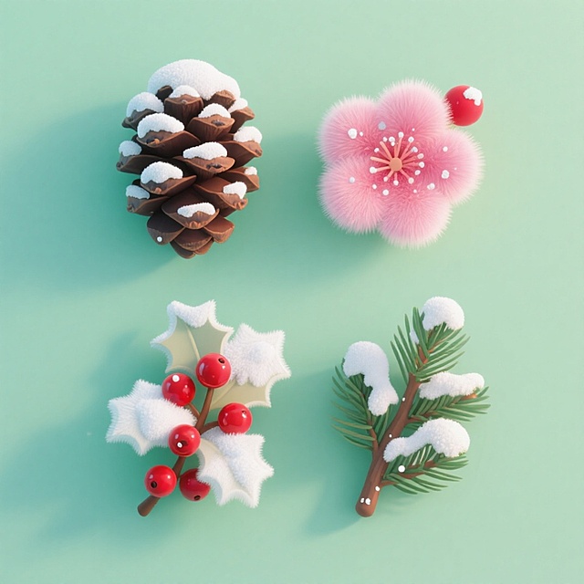 4个冬季植物元素，分别是松果、梅花、冬青、松树枝，上面有雪，上下两行对齐排列，浅绿色纯色背景。