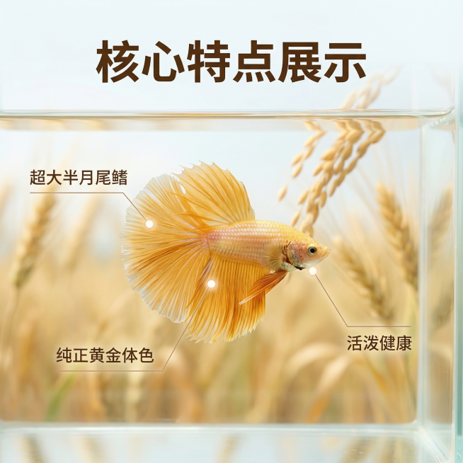 [主图 2] 泰国半月斗鱼核心特点展示
[氛围风格] 自然原生态风格，真实水族摄影，稻麦清新氛围，和首图风格统一
[画面元素] 商业摄影质感、光线柔和通透、产品清晰真实、画面干净高级。保持原斗鱼外形和预览效果