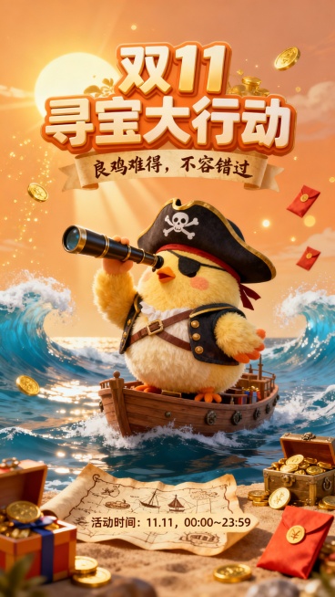 双11促销海报，主角是一只毛绒绒、胖乎乎的小鸡，装扮成可爱的海盗船长，戴着海盗帽，手持长长的望远镜，在海面上远望寻宝。整体画风融合可爱与冒险感，背景为海浪、金色阳光、藏宝图、金币、礼盒和红包，带有双1预览效果