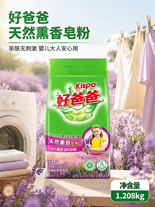 [第1屏] 详情页头图-好爸爸天然熏香皂粉产品宣传海报。本屏使用【图1】作为商品主体。
[氛围/风格] 清新自然风，温馨家居洗衣氛围，高清商业摄影质感。
[元素布局] 商品主体放置在画面中心偏上位置，占比约65%；背景为盛开的薰衣草花田，前景放置一台浅色滚筒洗衣机，旁边搭配自然晾晒的干净衣物；商品包装结构、颜色、文字和输入产品图保持完全一致。
[光影质感] 自然光从左侧照射，右侧柔和补光，商品主体清晰明亮，背景自然虚化，整体光影层次自然通透。
[配色色系] 全局底色 #F2F9F0；主色绿色，辅助色紫色薰衣草，点缀浅米白洗衣机背景。
[视角构图] 正面平视视角，商品为绝对视觉中心，景深适中，阅读动线从上到下自然流畅。
[文字版式] 顶部主标题「好爸爸天然熏香皂粉」，副标题「亲肤无刺激 婴儿大人安心用」，黑体中文排版，左侧对齐不遮挡主体；右下角标注规格净含量「1.208kg」，文字清晰醒目。
[比例分辨率] 3:4 竖版比例，4K 分辨率，文字清晰可辨，高清画质。
[负向提示词] 商品变形，包装文字错乱，颜色偏差，缺件错件，水印，文字过小，背景杂乱