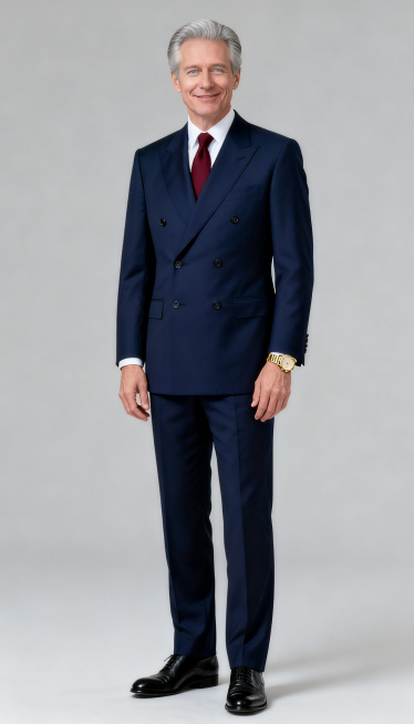 全身站立的55岁白人男性，灰白色头发整齐向后梳，浅灰色眼睛，眼神软弱，中等身高，体型偏瘦。身穿深蓝色双排扣定制西装、白色衬衫、酒红色领带，脚穿黑色皮鞋，佩戴金色腕表和袖扣。性格软弱伪善，双手自然垂落于预览效果
