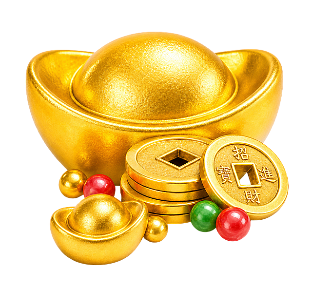 现代感与金属风结合，3D渲染金元宝与古币，点缀霓虹色珠，寓意招财进宝，春节主题设计。