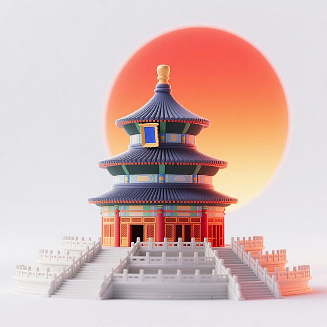 天坛，背后有一个巨型黄昏落日，白色背景。元素完整。