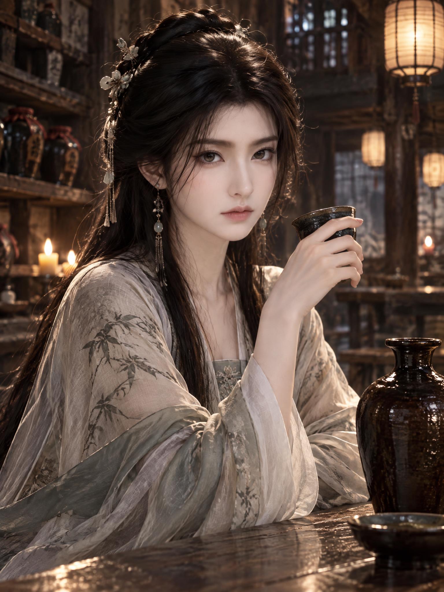 将图中女子画成古风客栈老板娘的模样，清冷气质，身着素雅古风服饰… - 图片创意预览