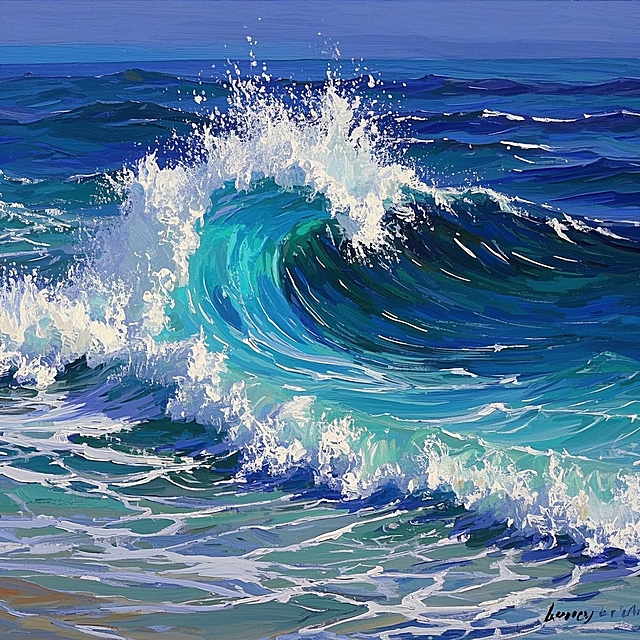 油画风海浪，宽阔清爽，色彩斑斓，动感十足。