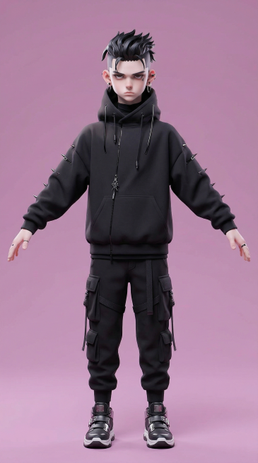 根据参考图的3D潮酷卡通风格，生成该人物的正视图Tpose站姿全身图，保持原发型、五官特征、耳饰、黑色连帽卫衣的设计，背景为淡紫色，整体风格和质感与参考图一致预览效果