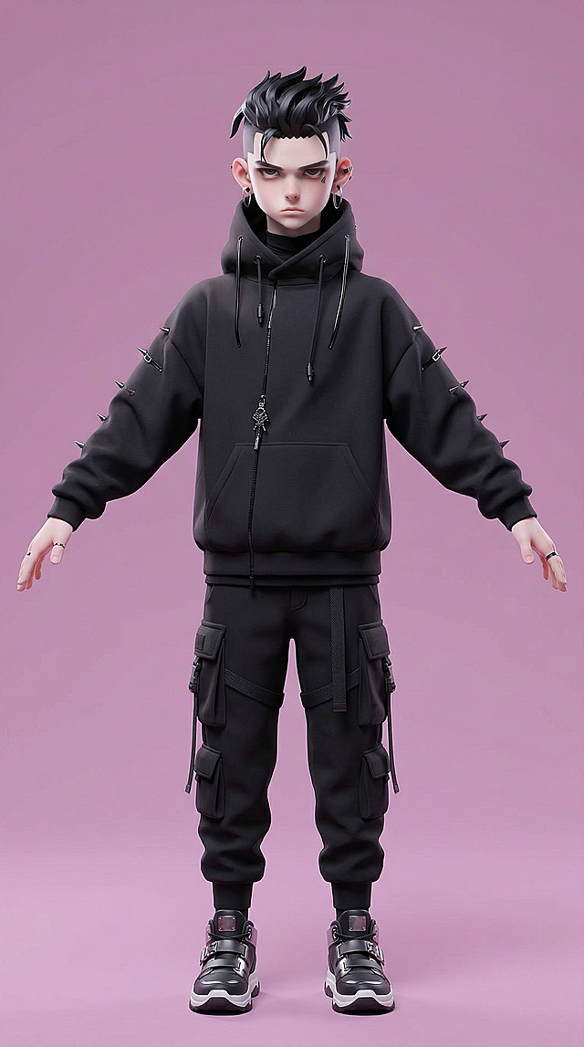 根据参考图的3D潮酷卡通风格，生成该人物的正视图Tpose站姿全身图，保持原发型、五官特征、耳饰、黑色连帽卫衣的设计，背景为淡紫色，整体风格和质感与参考图一致