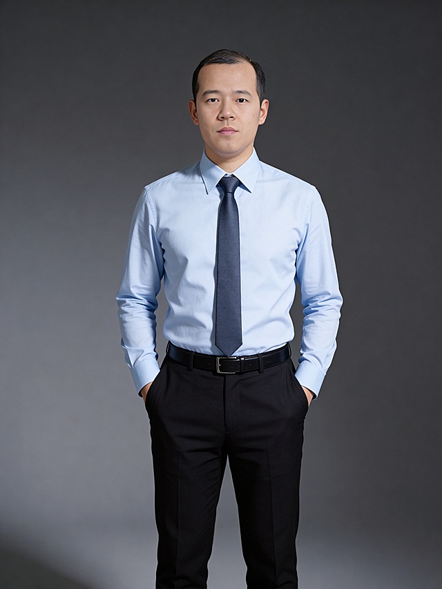 商务感十足的实景肖像，性冷淡风色调搭配简约主义构图，印刷风质感呈现专业沉稳气质。