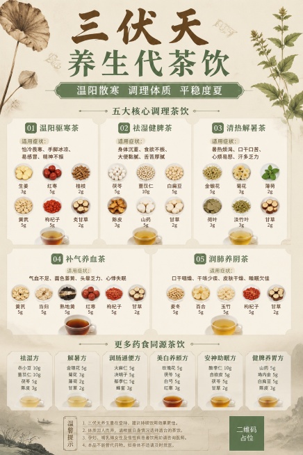三伏天养生代茶饮宣传海报，A4竖版，国风清新养生风格，写实拍摄。主标题"三伏天养生代茶饮"，副标题"温阳散寒 调理体质 平稳度夏"，整体版式分区清晰，文字清晰可读。页面顶部为主副标题区域，中部为五个核预览效果