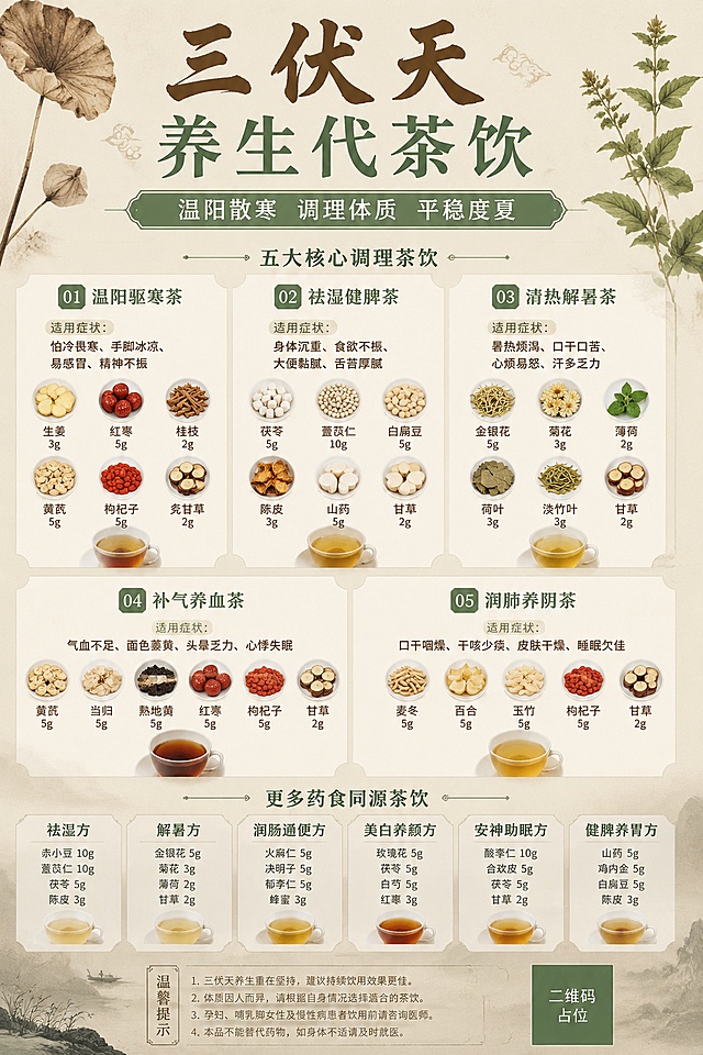 三伏天养生代茶饮宣传海报，A4竖版，国风清新养生风格，写实拍摄。主标题"三伏天养生代茶饮"，副标题"温阳散寒 调理体质 平稳度夏"，整体版式分区清晰，文字清晰可读。页面顶部为主副标题区域，中部为五个核心调理茶饮分区展示，每个茶饮标注名称、适用症状，并搭配对应组方药材的实拍小图，保留药材名称和用量信息。底部补充展示其余四款药食同源方名称：祛湿方、解暑方、润肠通便方、美白养颜方、安神助眠方、健脾养胃方。背景为浅米黄色宣纸纹理，点缀干枯荷叶和艾草枝做装饰，版面预留充足安全边距。画面中所有数字必须精确渲染，不得出现错位、遗漏或编造的数字。画面中必须完整呈现所有关键文字信息，文字清晰不遮挡药材图片。画面中所有二维码区域使用纯色方块占位符呈现，方块中央标注"二维码占位"文字，严禁生成任何可识别的二维码图案。