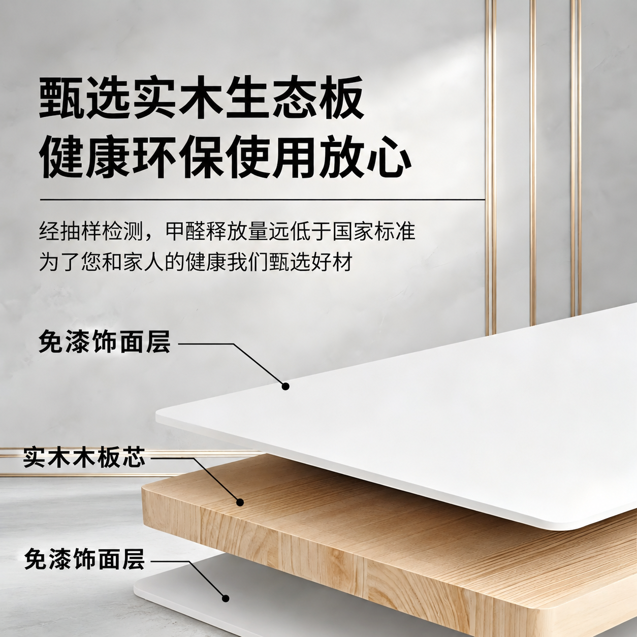 在图中三层板材结构上分别添加材质标注文字，上层白色板材标注“免… - 图片创意预览