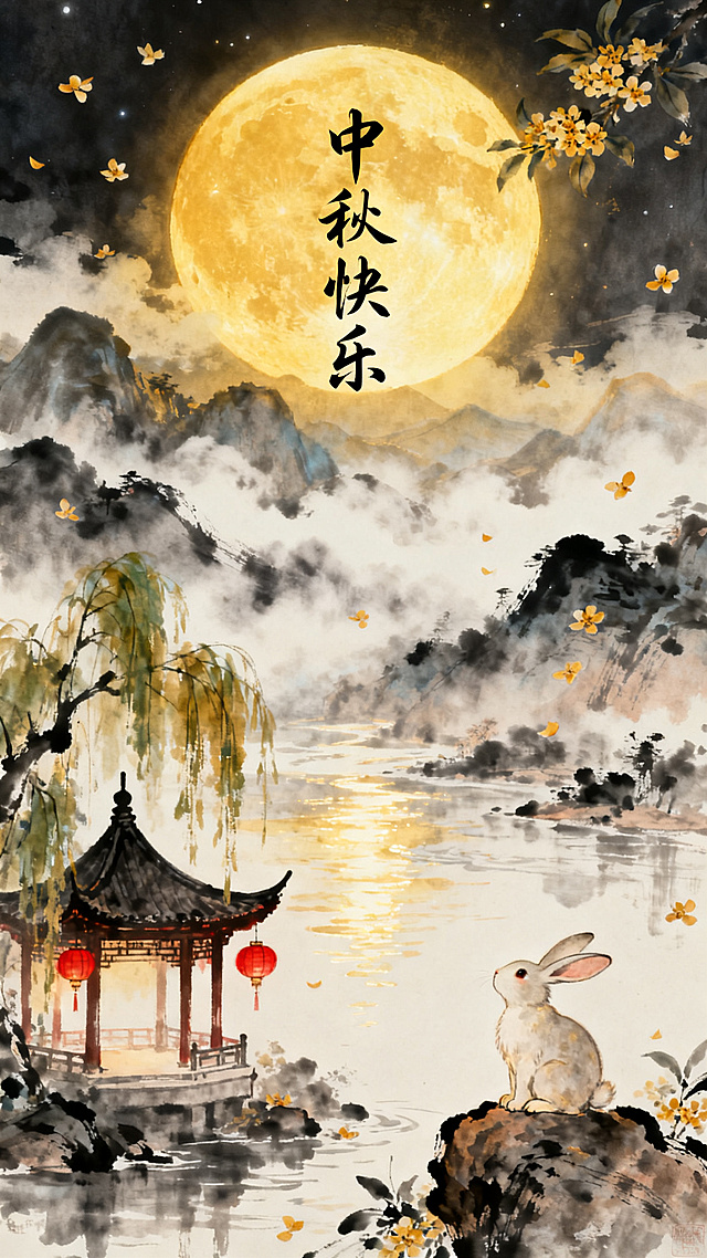 中秋节水墨画风微信封面，竖版构图。一轮金黄满月悬于夜空中央，月光洒在层层水墨山水之间，远山云雾缭绕，江面波光粼粼；近景有中式亭台、垂柳和朱红灯笼，空中飘落桂花花瓣，一只玉兔坐在岩石上抬头望月。整体淡雅国风水墨质感，留白意境悠远，色调以墨色与暖金为主，画面中上方书写"中秋快乐"四个书法字，字迹飘逸。喜庆团圆又不失雅致。