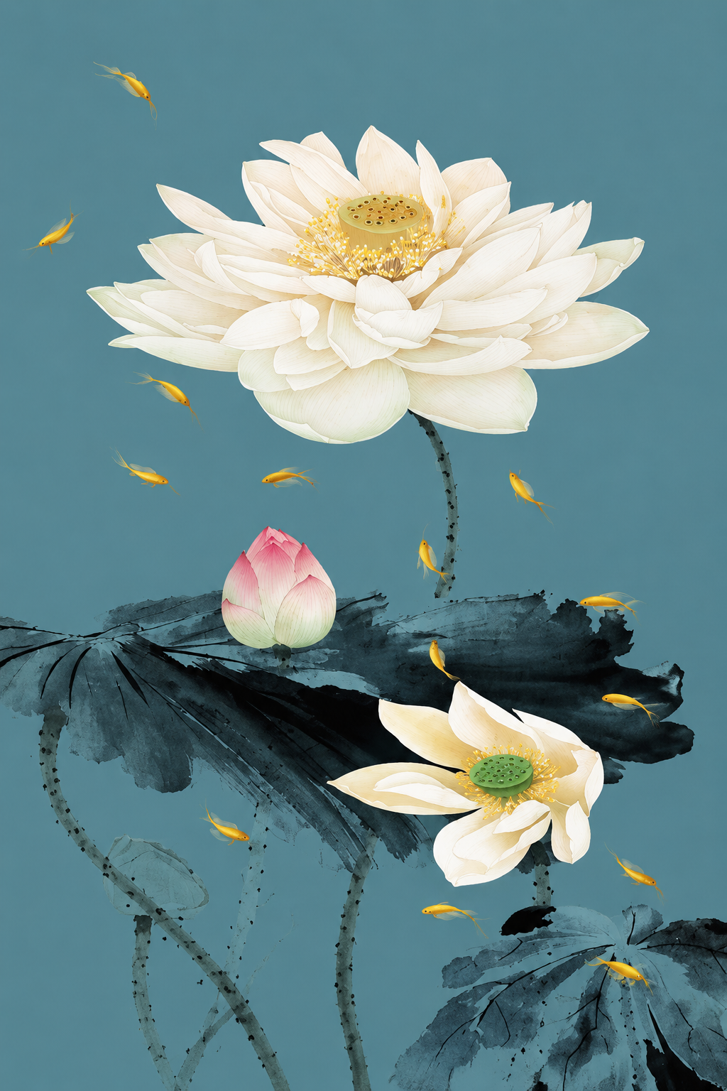 提取图中的门帘图案，完整还原门帘上的新中式荷花设计：灰蓝色布纹… - 图片创意预览